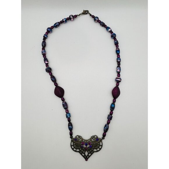 Heart Pendant Bead Purple Blue Gold Tone Necklace 18” - Picture 1 of 5